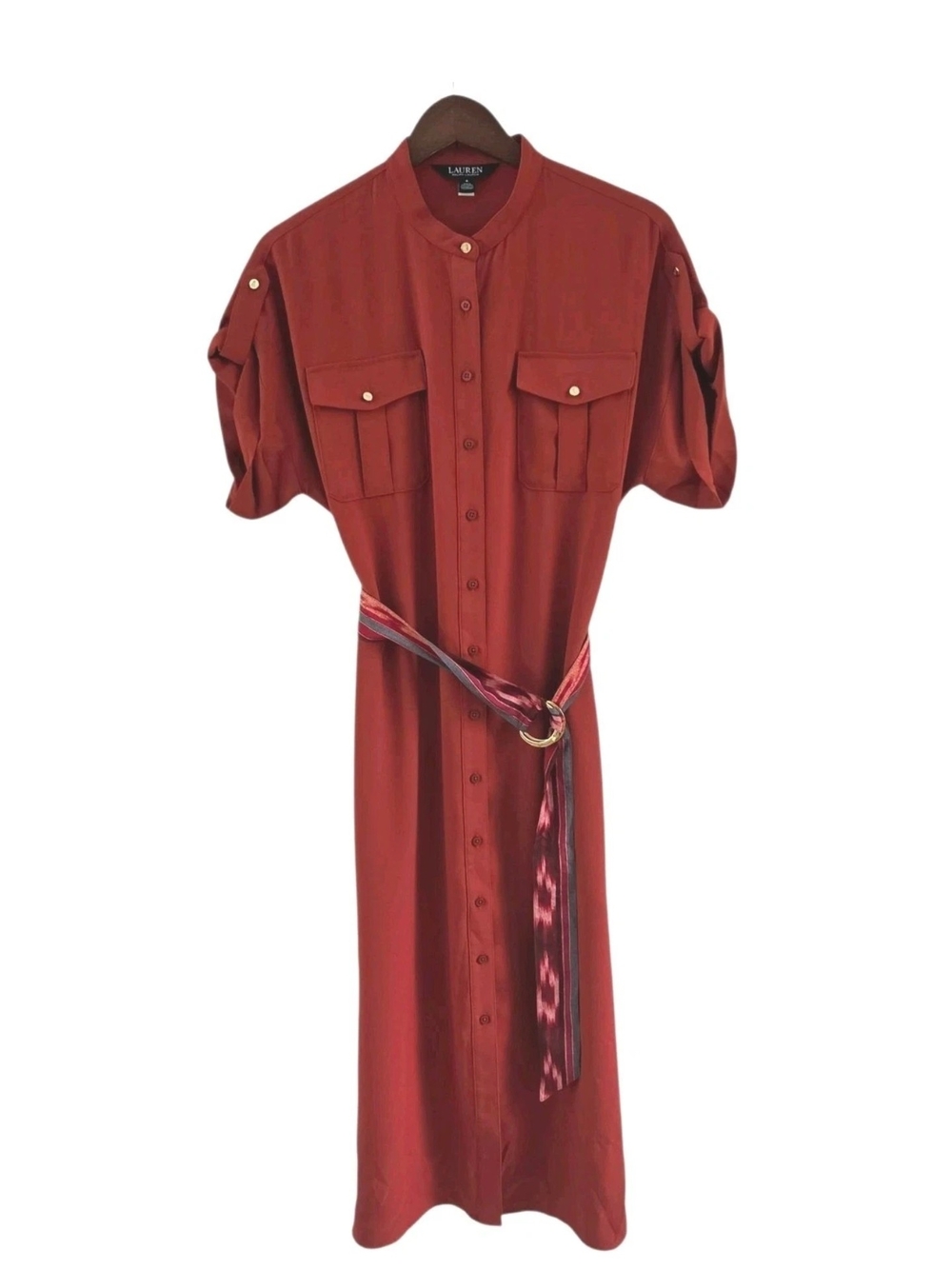 Lauren Ralph Lauren Orange Rust Fall Button Down Belted Midi Dress Size 6